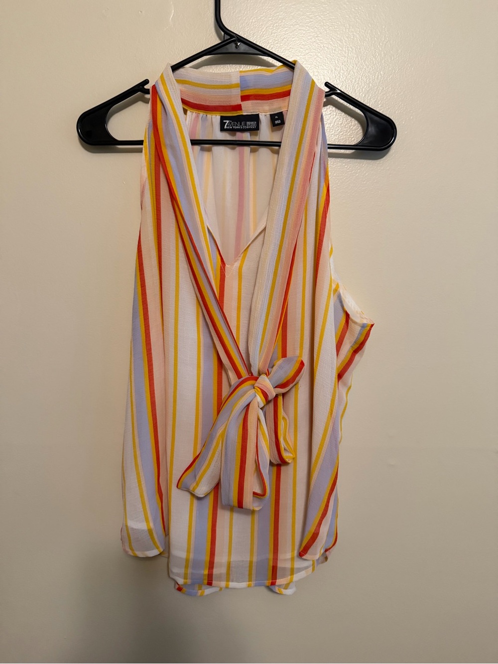 7th Avenue Striped Tie-Neck Blouse in White, Yellow & Orange - Picture 2 of 6